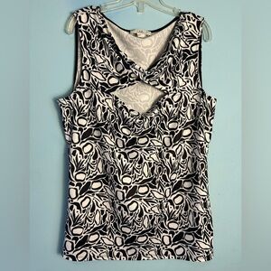 H Halston Black & White‎ Water Lillies Top Women’s M Sleeveless Cut Out Career